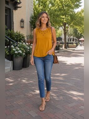 Old Navy Mustard Eyelet Sleeveless Swing Tank Top Small